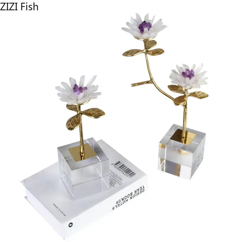 Elegant white and purple decorbites crystal flower branch desk ornament with gold stems on clear acrylic bases for living room decor