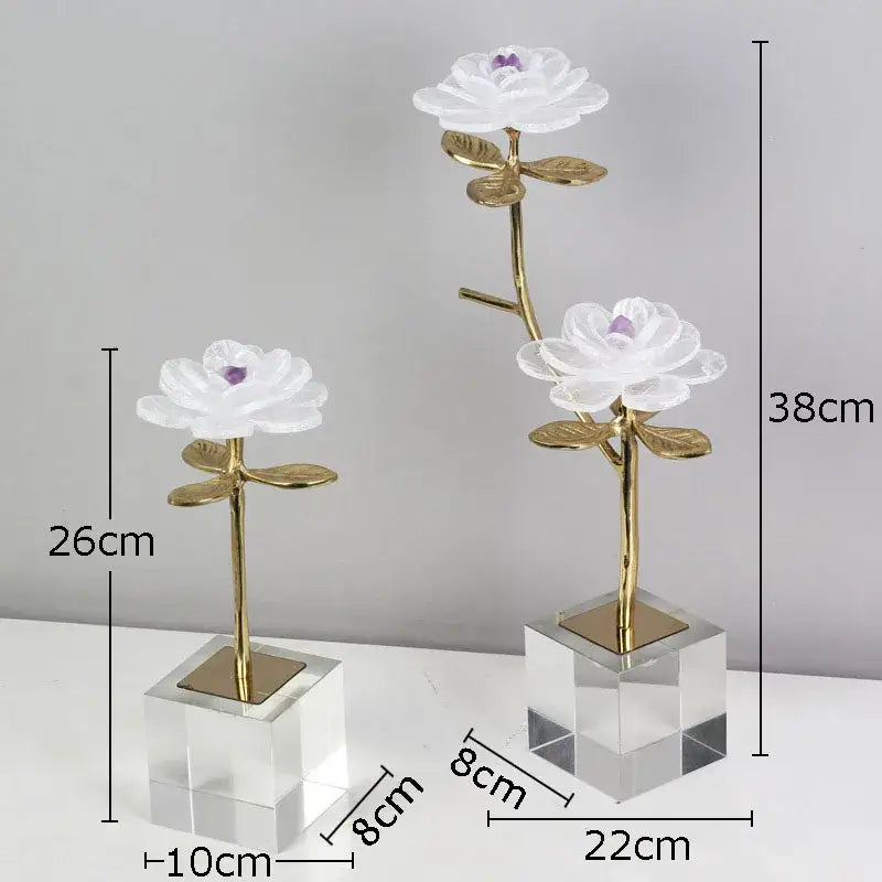 Elegant white and gold crystal flower branch desk ornament with glass petals and acrylic base for living room decorbites decor