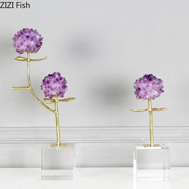 White and gold desk ornament featuring purple amethyst crystal flower branch with gold-tone stems and clear acrylic bases