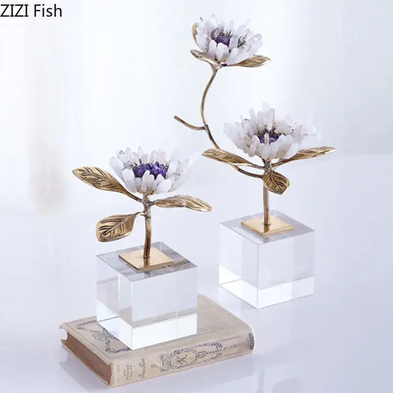 White and gold crystal flower branch desk ornament with delicate white crystal flowers and gold toned metal stems on clear bases