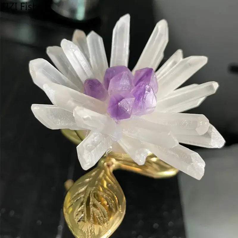 Delicate gold-toned ring with clear quartz crystal flower cluster and engraved leaf pendant for decorbites crystal flower branch desk ornament