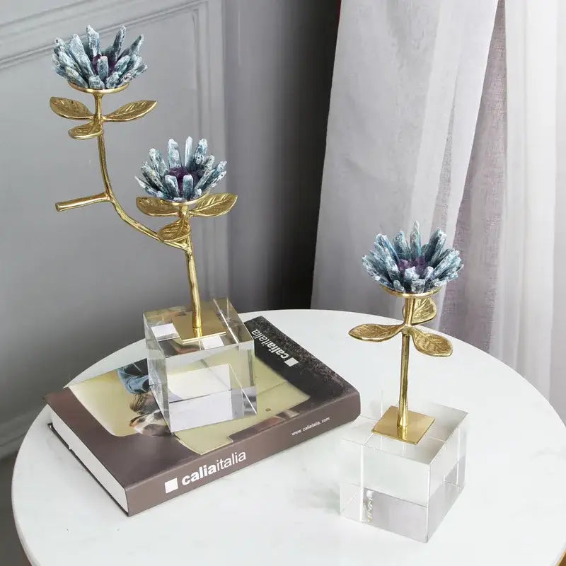 Gold-toned metal desk ornament with crystal flower branch featuring blue and purple decorbites crystal flower centers on acrylic bases