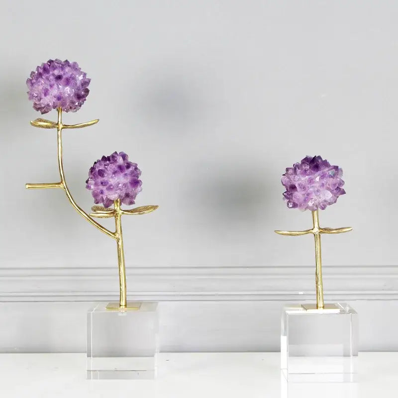 Three purple amethyst crystal flower branch desk ornaments with gold stems on clear acrylic bases for living room decorbites