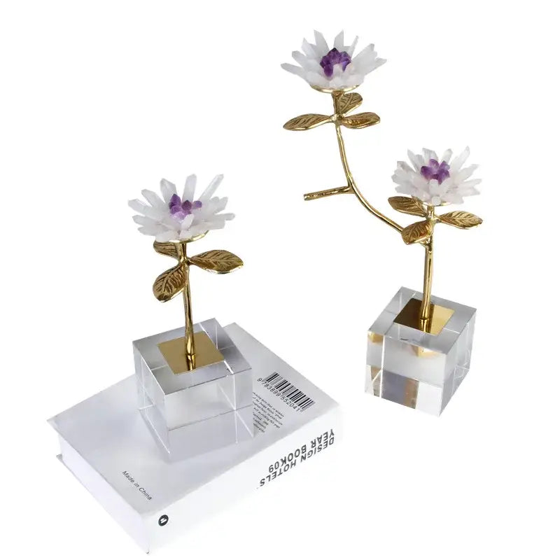 Elegant white and purple decorbites crystal flower branch desk ornament with gold stems on clear acrylic bases for living room decor