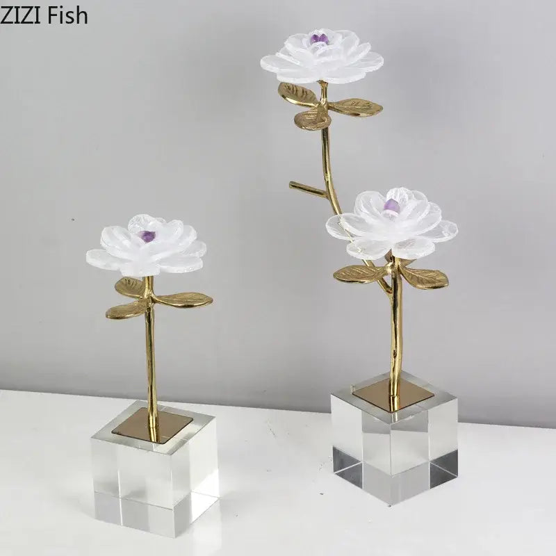 White and gold crystal flower branch desk ornament with glass flowers and gold stems on clear crystal base decorbites decor
