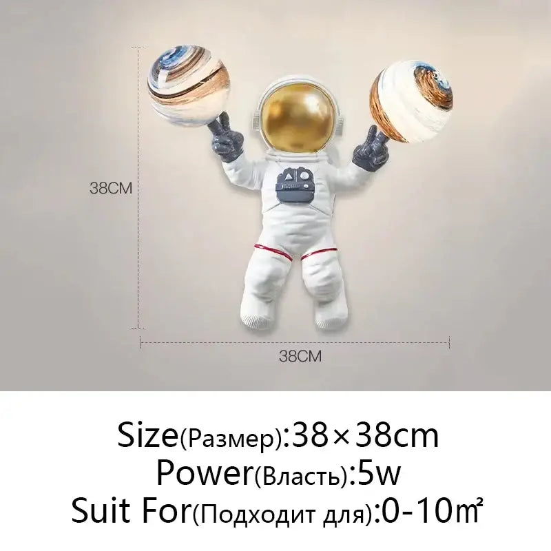 White and gold decorbites astronaut moon wall lamp with gold helmet and striped moon planet table globes 38cm x 38cm