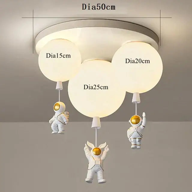 White and gold decorbites astronaut space ball ceiling lamp with three spherical bulbs and gold astronaut figurines for kids room