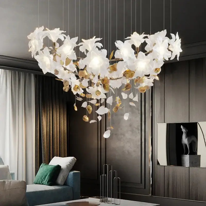 Elegant white and gold decorbites crystal flower chandelier with translucent petals suspended on metallic wires for living room light