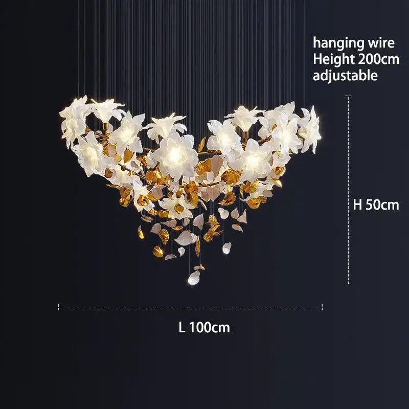 Elegant white and gold decorbites crystal flower chandelier with illuminated petals and cascading leaves for living room light