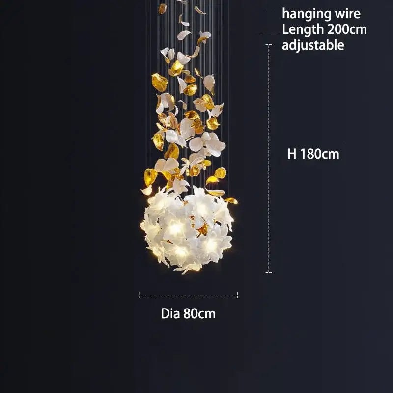 Elegant white and gold decorbites crystal flower chandelier with cascading petals and glowing spherical center for living room light