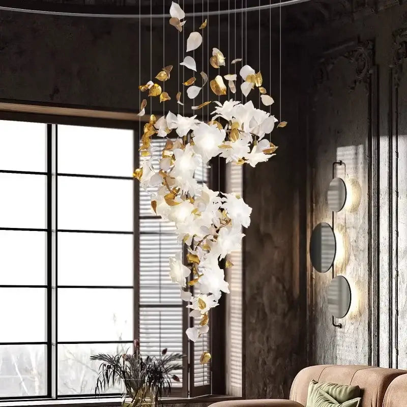 Elegant white and gold decorbites crystal flower chandelier with delicate suspended petals for living room light
