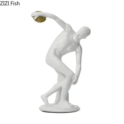 White and gold discus thrower resin sculpture featuring a male statue with a gold-colored disc for living room decor