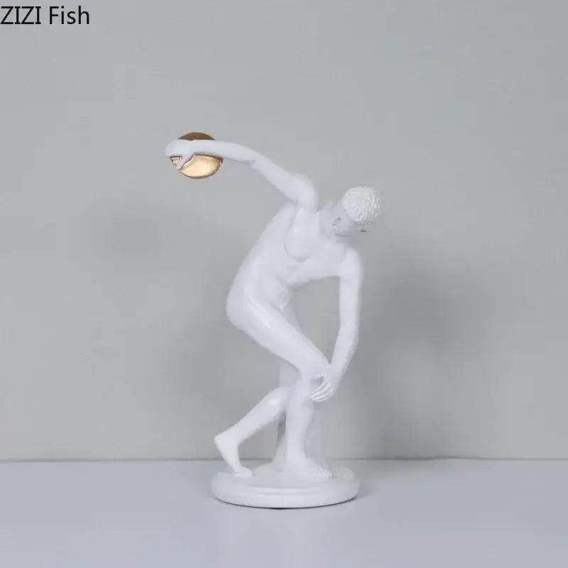 White and gold discus thrower resin sculpture depicting male athlete in mid-throw for living room decor