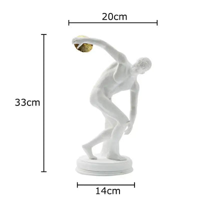 White and gold discus thrower resin sculpture 33cm tall featuring a ceramic thrower with gold disc for living room decor