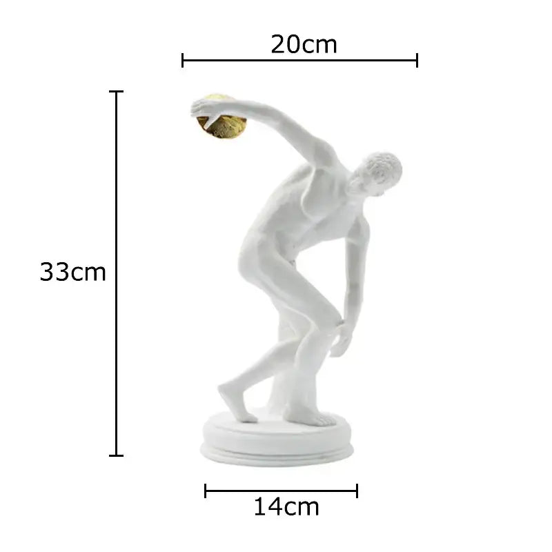 White and gold discus thrower resin sculpture 33cm tall featuring a ceramic thrower with gold disc for living room decor