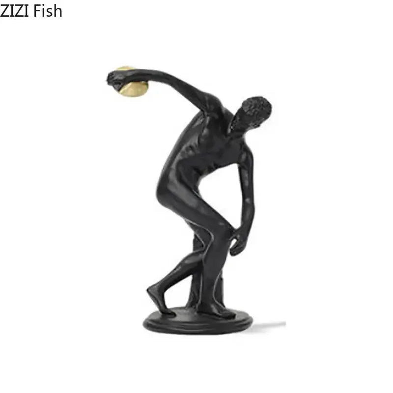 Black metallic discus thrower resin sculpture holding a golden discus for white and gold living room decor