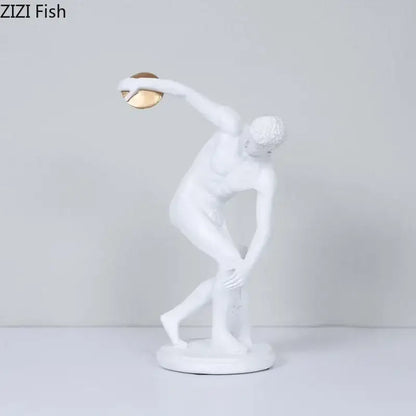 White and gold discus thrower resin sculpture inspired by ancient greek art for living room decor