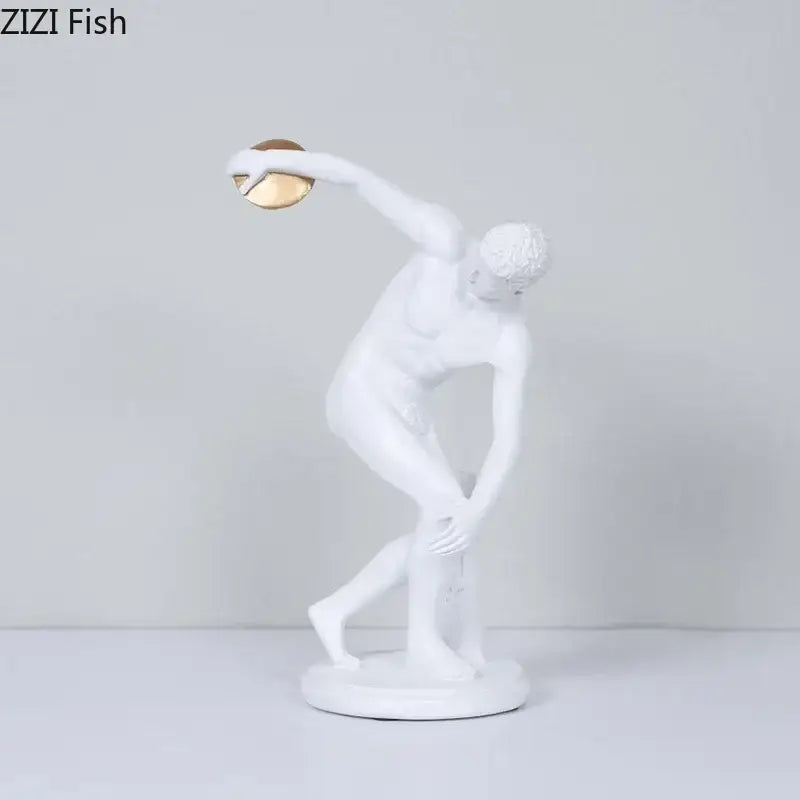 White and gold discus thrower resin sculpture inspired by ancient greek art for living room decor