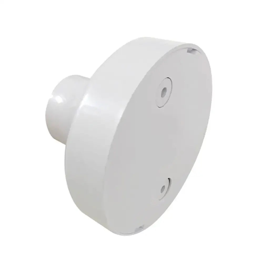 White plastic mounting plate with two screw holes on the back side of a white and gold e27 led lamp base with remote
