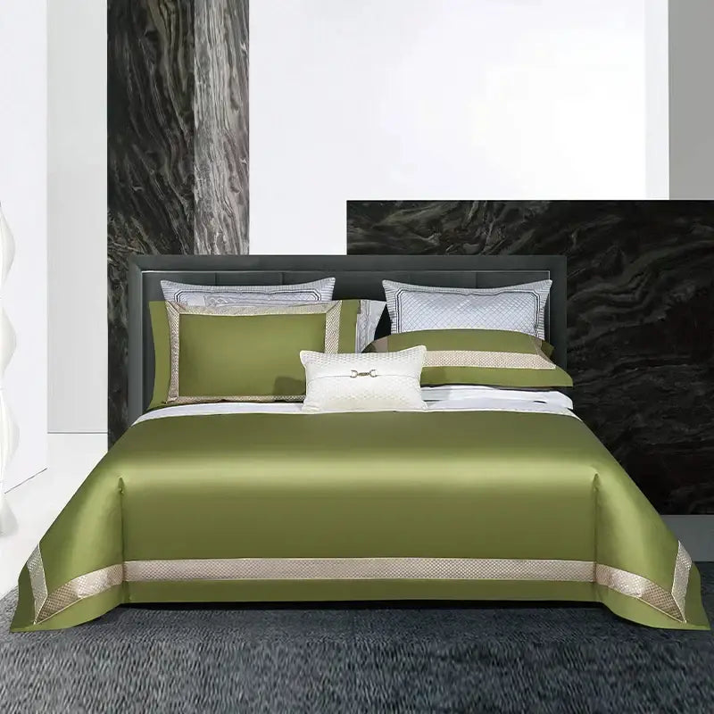 Olive green satin bedding set with beige brocade edge made of egyptian cotton with gold embroidery accents