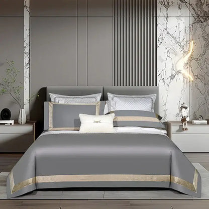 Gray satin bedspread with gold geometric trim in white and gold Egyptian cotton bedding set with gold embroidery