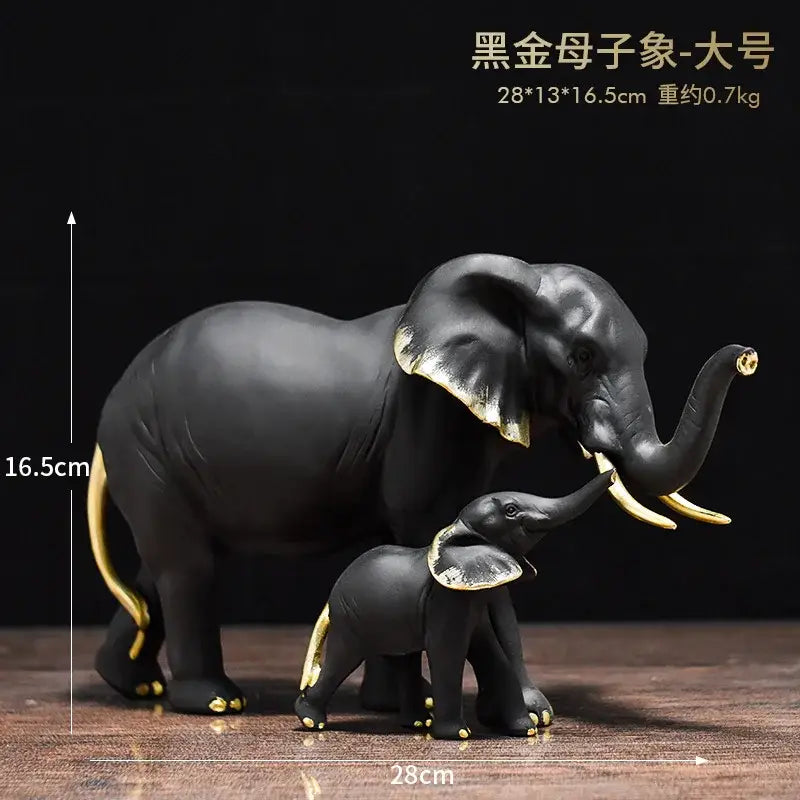 Black mother and baby elephant resin sculpture ornaments with gold-trimmed details for living room decorbites elephant resin