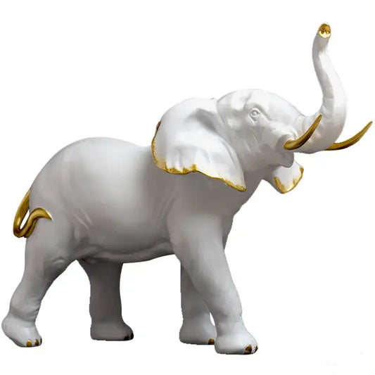 White and gold elephant resin sculpture ornament with gold-trimmed ears trunk tusks and tail for living room decorbites decor