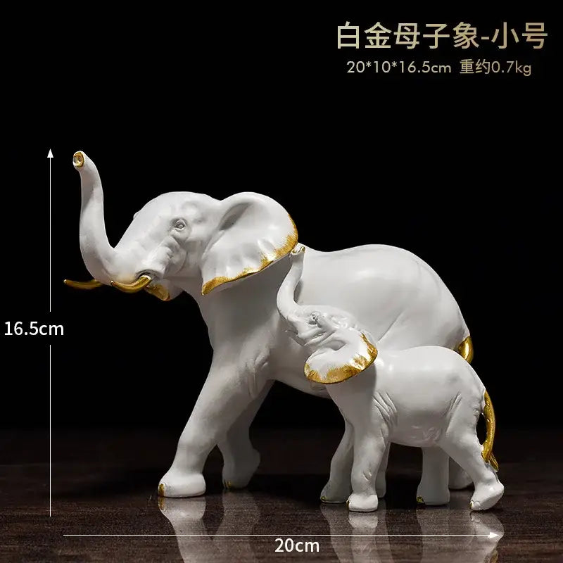 White and gold mother and baby elephant resin sculpture ornament with porcelain finish for living room decorbites decor