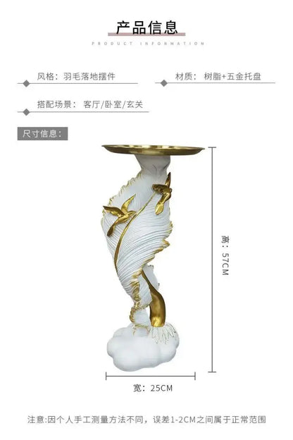 White and gold feather floor decoration side table with resin and metal construction and a golden rim for living room use