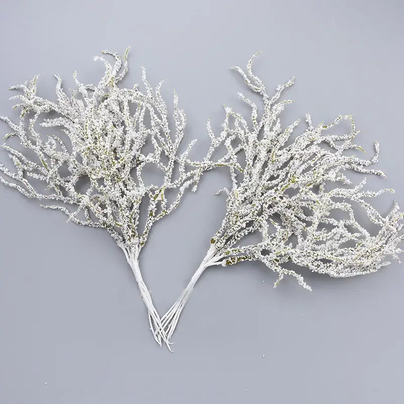 Two white frost-covered artificial coral branches with textured stems for decorbites artificial branches home decor