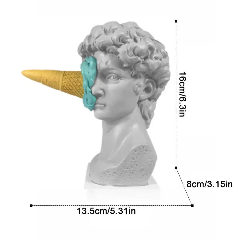 Gray resin ice cream horse bust with yellow cone and teal melting ice cream for decorbites ice cream office decor