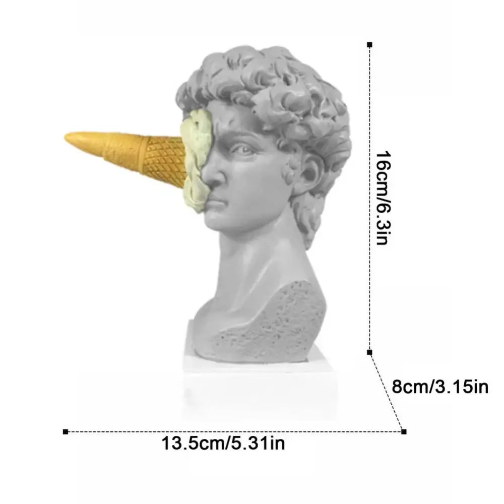 Gray resin bust of a classical horse head decorbites ice cream sculpture with yellow cone and greenish-yellow scoop for office decor