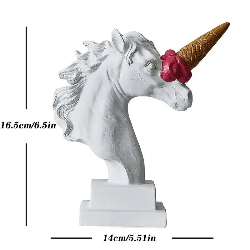 White resin horse head decorbites ice cream sculpture with waffle cone horn and pink ice cream for office decor