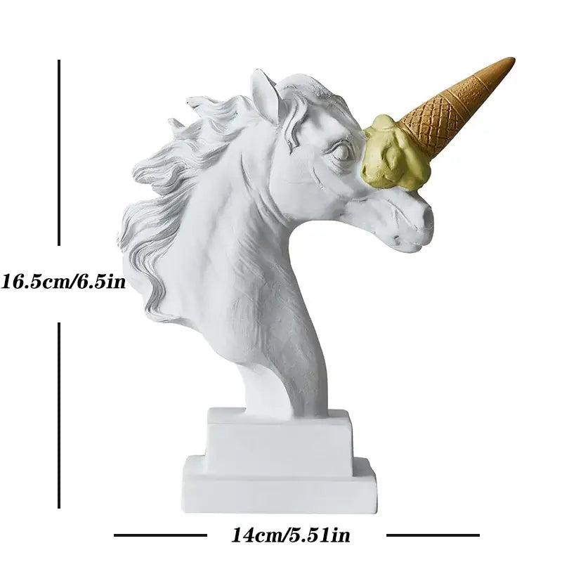 White resin horse head sculpture with golden waffle cone and green ice cream scoop decorbites ice cream office decor