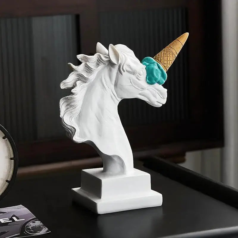 White resin horse head decorbites ice cream sculpture with gold waffle cone horn and teal ice cream scoop for office decor
