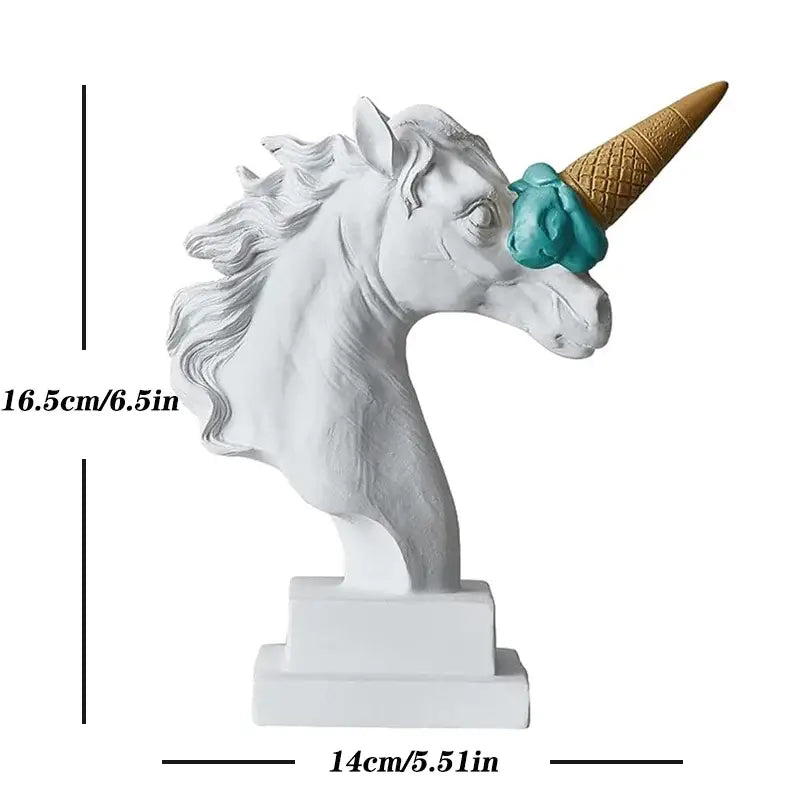 White resin horse head decor with gold waffle cone and teal ice cream scoop on horn for office decorbites ice cream style