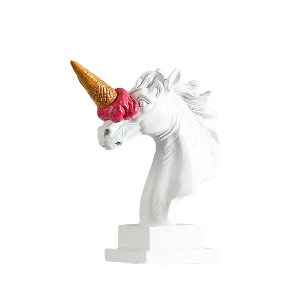 White and gold ice cream horse head sculpture with pink scoop horn on white pedestal for office decorbites decorbites ice cream