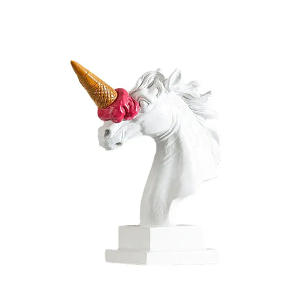White and gold ice cream horse head sculpture with pink scoop horn on white pedestal for office decorbites decorbites ice cream