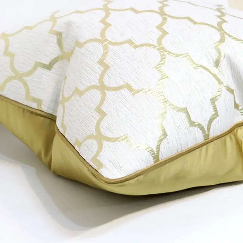 White and gold jacquard luxury cushion cover with geometric pattern and piping for living room decorbites cushion cover