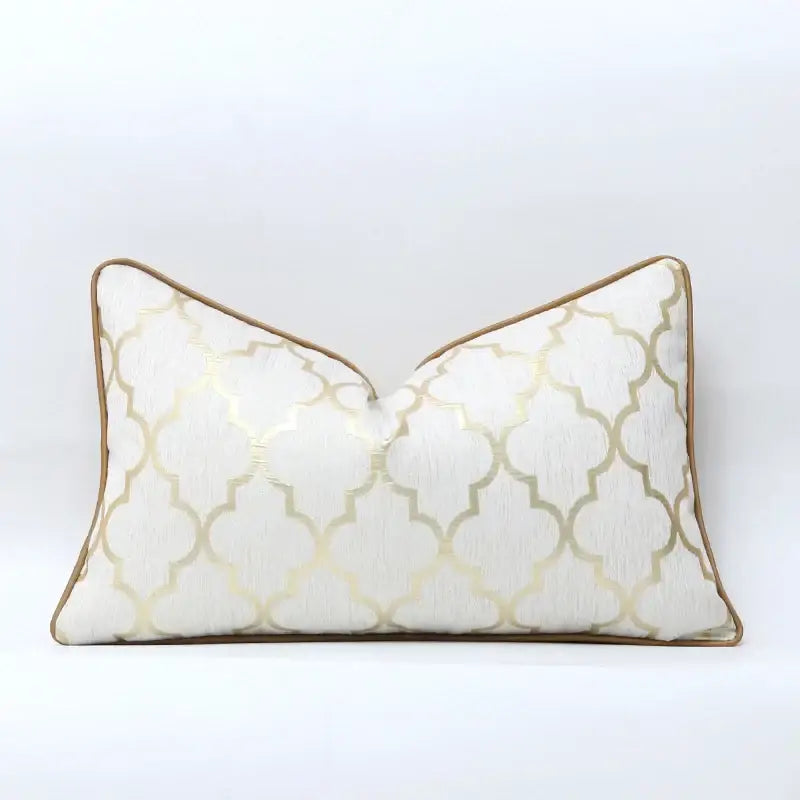 White and gold jacquard luxury cushion cover with gold geometric pattern and brown piping for living room decorbites jacquard luxury