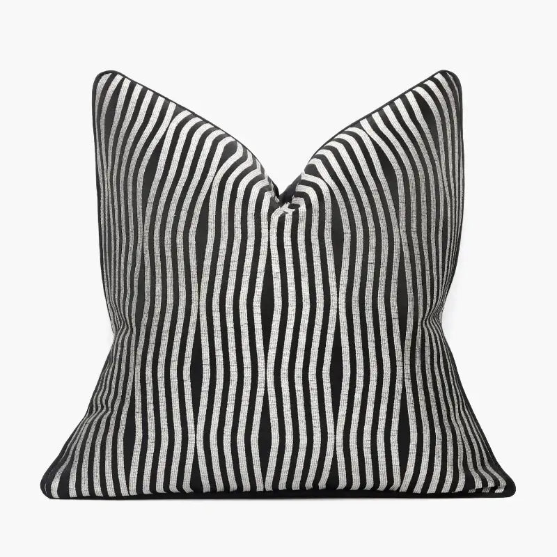 Square black and white striped throw pillow with textured fabric finish in decorbites jacquard luxury cushion cover style