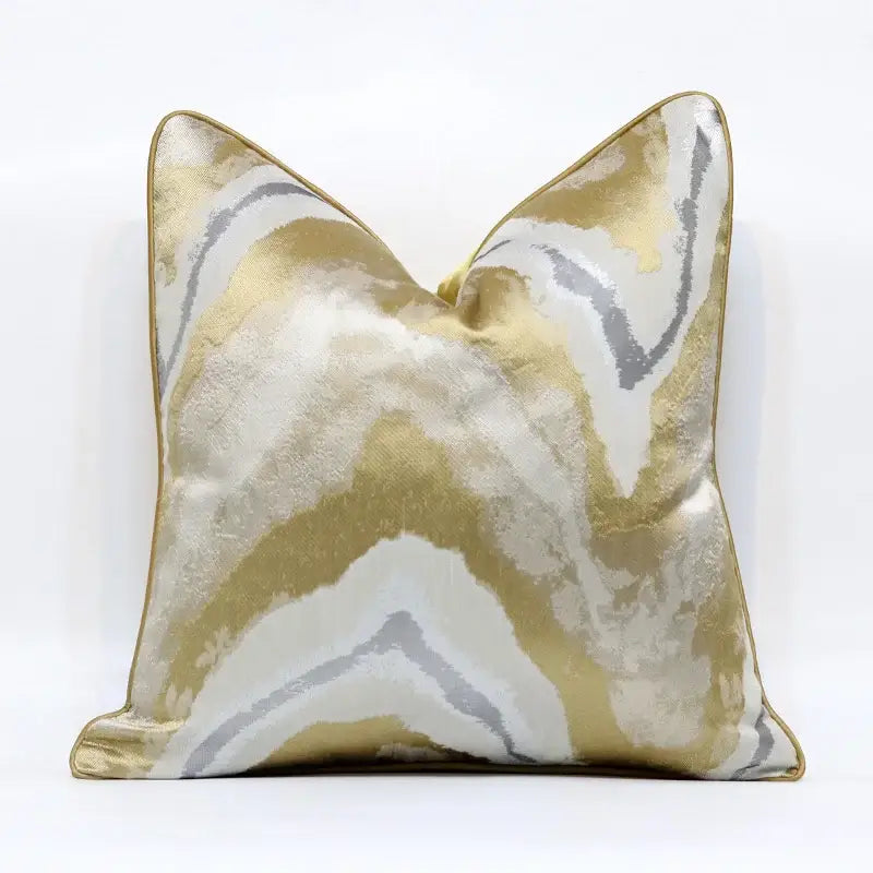 White and gold jacquard luxury cushion cover with shimmering abstract wave pattern on satin fabric for living room decor