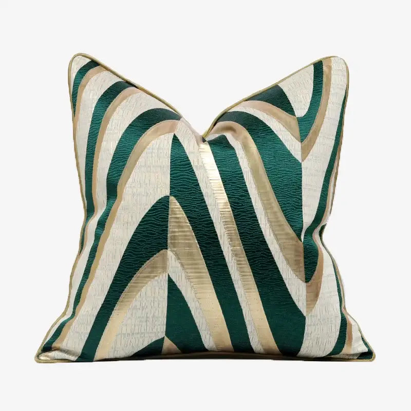 A square decorbites jacquard luxury cushion cover with emerald green and gold wavy stripes on a cream base fabric