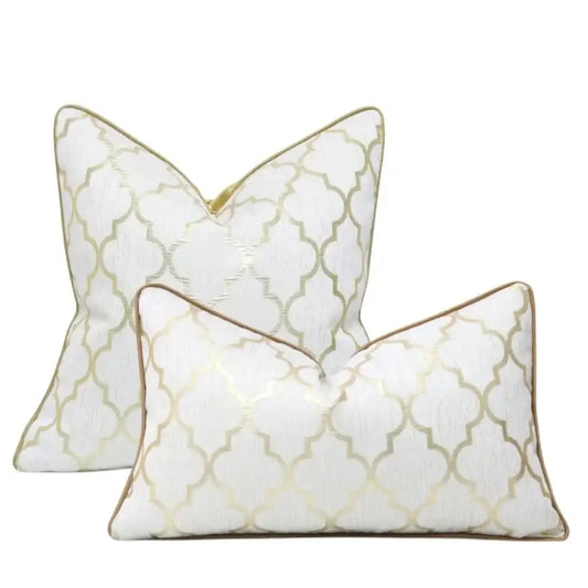White and gold jacquard luxury cushion cover with geometric trellis pattern and matching piping for living room decorbites