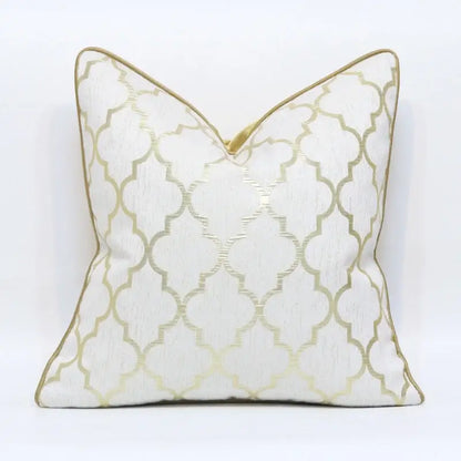 White and gold jacquard luxury cushion cover with geometric pattern and piping for living room decorbites cushion cover