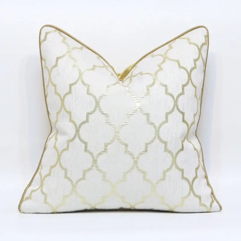 White and gold jacquard luxury cushion cover with geometric pattern and piping for living room decorbites cushion cover