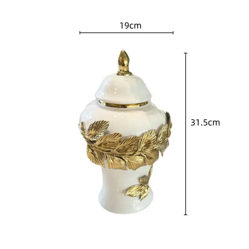 White and gold leaves ceramic flower vase with ginger jar shape and golden finial accents for living room decorbites golden leaves