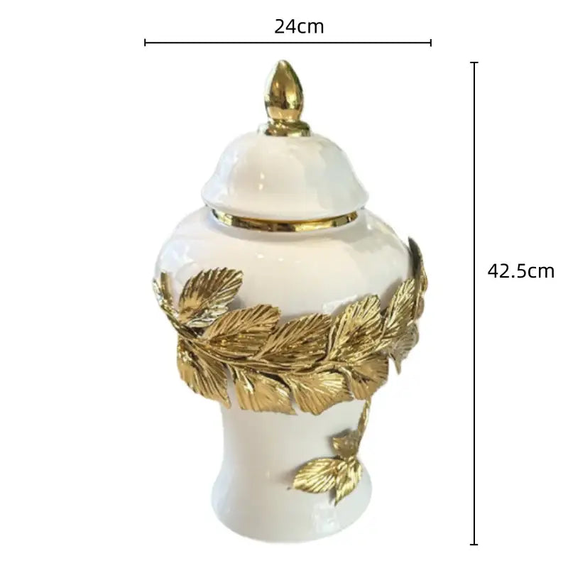 White and gold leaves ceramic flower vase with decorbites golden leaves and matching lid for living room decor