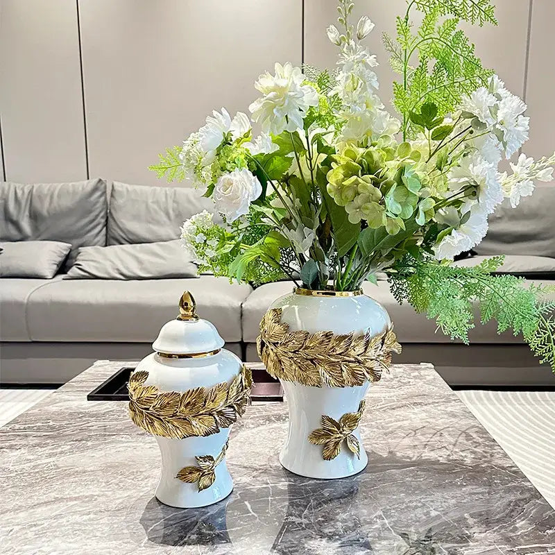 White and gold leaves ceramic flower vase with golden leaves ceramic embellishments and matching lid for living room decorbites decor