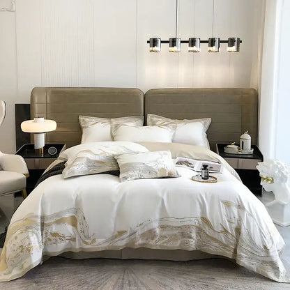 White satin duvet cover with elegant gold abstract wave patterns in egyptian cotton luxury bedding set